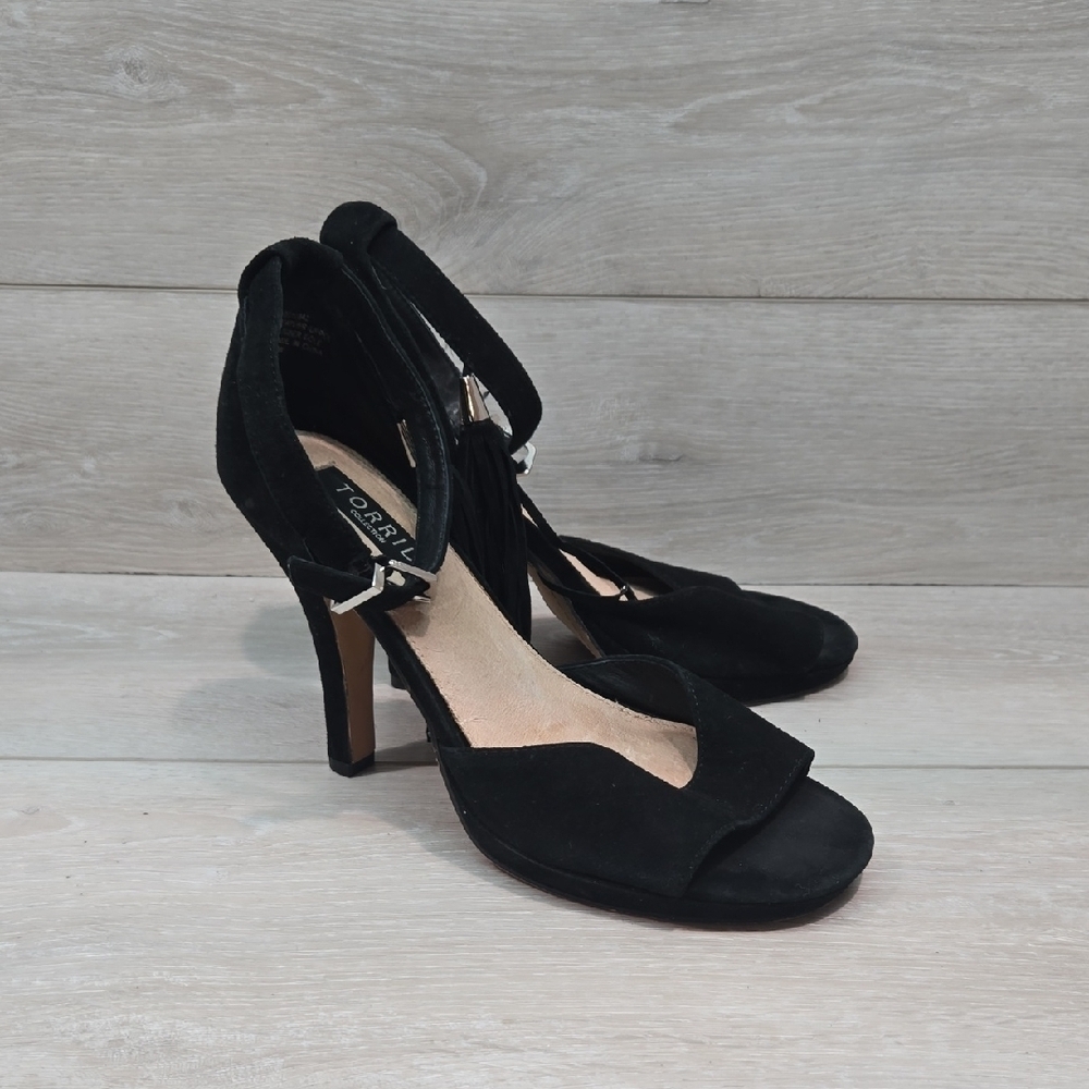 Torrid Black Women's Suede Ankle Strap Open Toe Heels Shoes Sz 8.5W